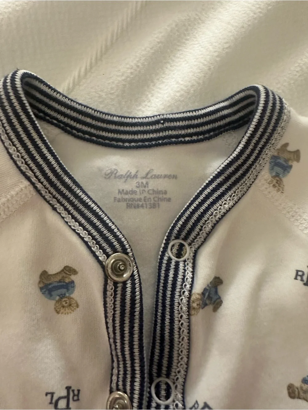 Ralph Lauren White Footed One-Piece with Navy Trim and Blue Bear Prints